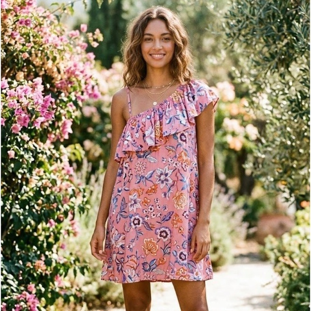 Pink Rose Floral Dress Juniors M One Shoulder Ruffle Mini Boho Festival Casual